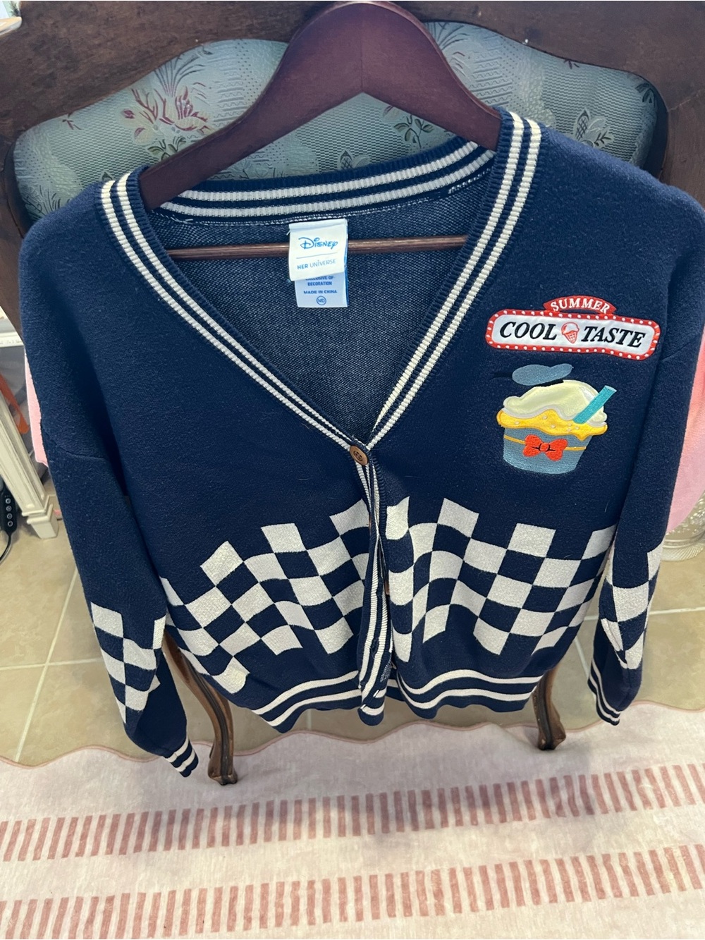 Disney Navy & White Checkered V‑Neck Cardigan with 'Cool Taste' Patch